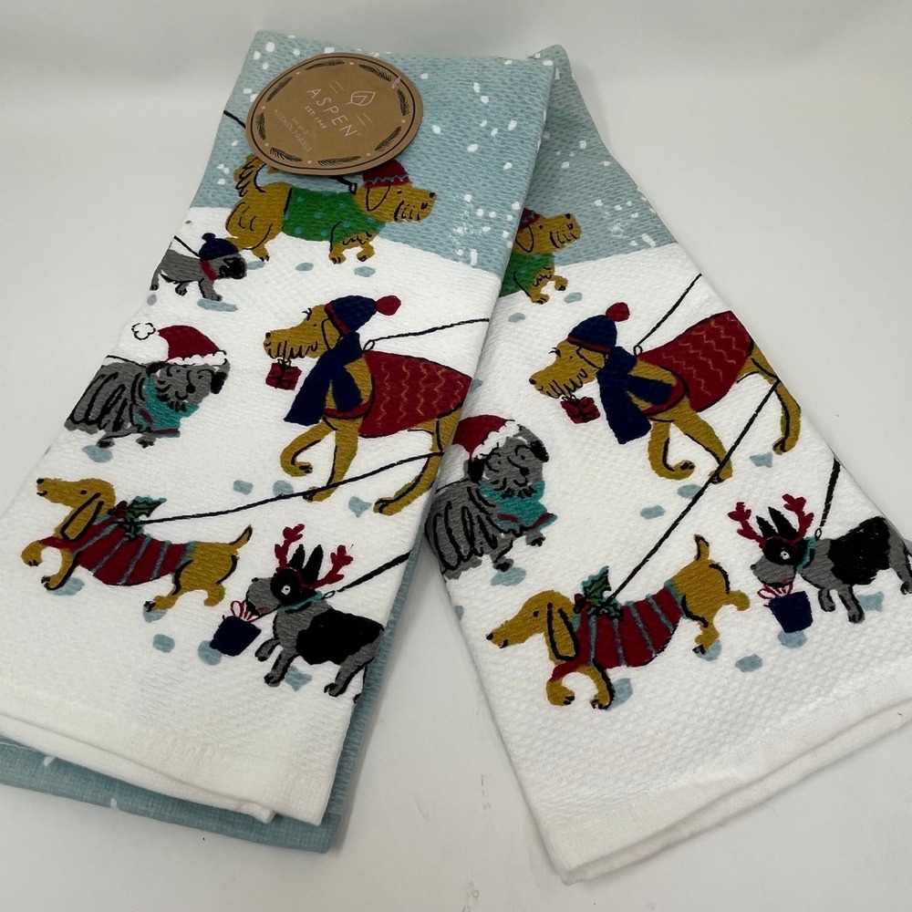 Aspen Set of 2 Kitchen Towels Christmas Dogs Holiday Decor Cotton Blend